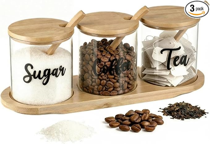 LemonRoad 3 Pack Coffee Sugar Tea Container Set Glass Jars with Bamboo Tray Decorative Container with Lid and Spoon Clear Condiment Jars Storage for Coffee Bar Drink Station Countertop Home Decor by Unknown