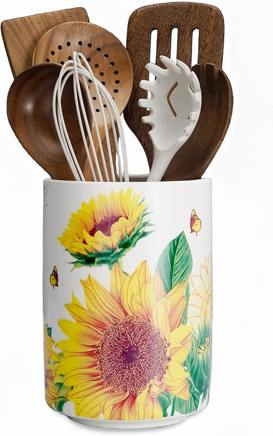 Sunddo Sunflower Utensil Holder, 6.7" Large Utensil Crock, Ceramic Cooking Utensil Holder for Kitchen Counter, Utensil Organizer for Kitchen Decor