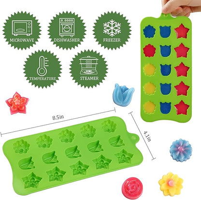 FIRETREESILVERFLOWER Flower Shape Chocolate Candy Molds Set,Heart,The stars,The rose,Flowers in Combination,15 Cavity Silicone Baking Mold Ice Cube Tray-Wedding,Festival,Parties and DIY Crafts-(6Pcs)