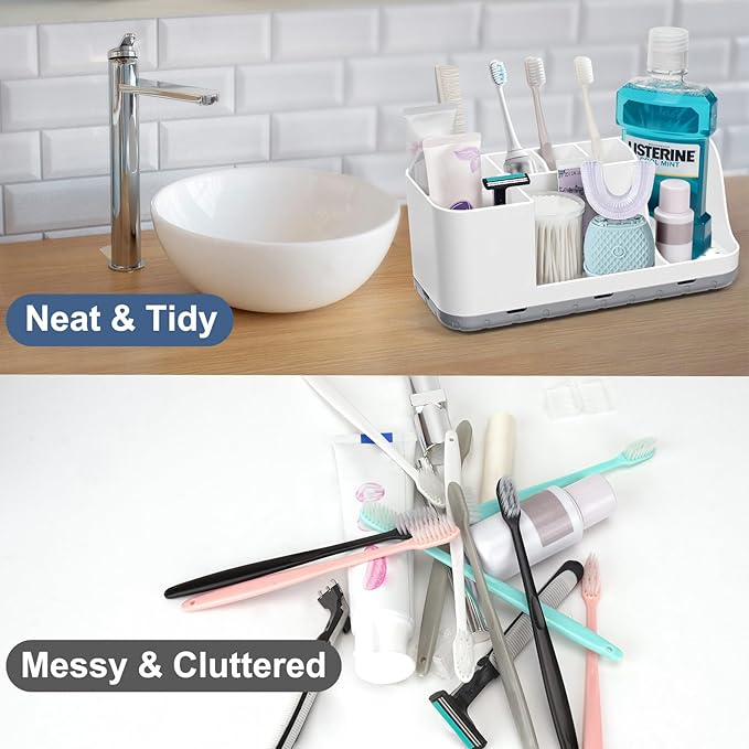 QIYVLOS Bathroom Organizers and Storage, 8 Slots Detachable Toothbrush Holders for Bathrooms, Anti-Slip Bathroom Countertop Organizer with Drainage Hole Vanity Storage (Ivory)