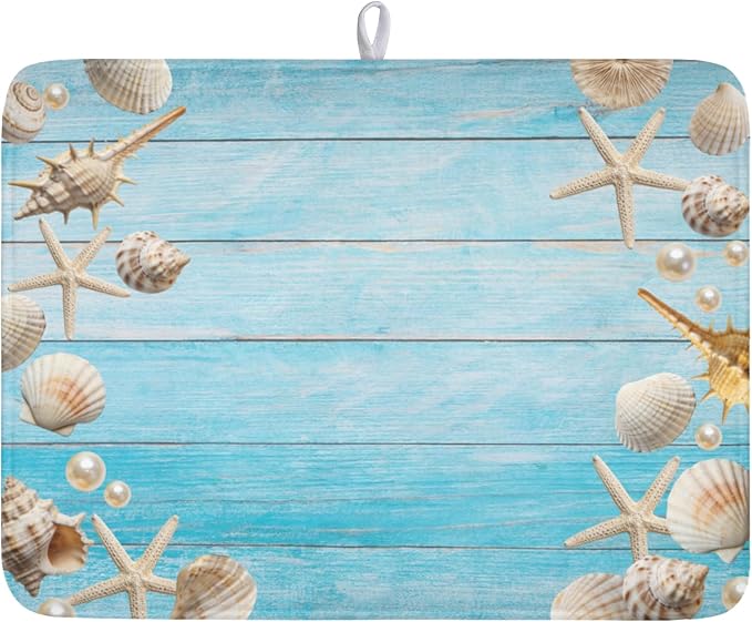 Summer Coastal Dish Drying Mat for Kitchen Counter Seashell Starfish Blue Wooden Board Microfiber Dish Drainer Mat Ocean Nautical Absorbent Washable Drying Pad Extra Large 18"x24"