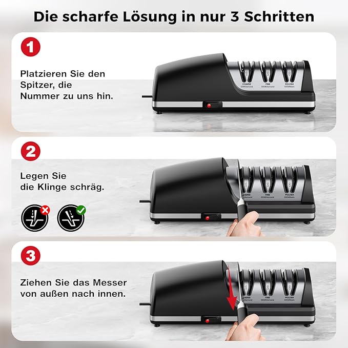 Professional Electric Knife Sharpener, 3-Stage Diamond Abrasive Sharpening System, Replaceable Sharpening Heads, 15° Precision Angle Guide for Kitchen Knives, Quick Blade Repair and Restoration - Image 6