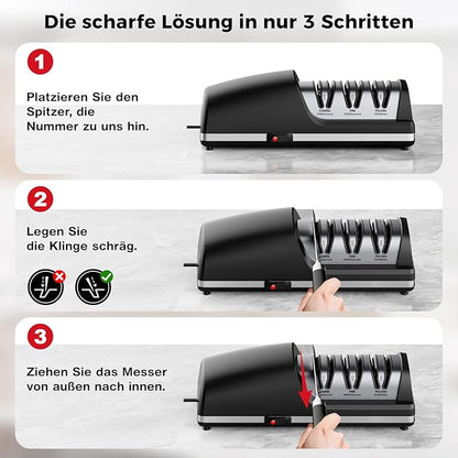 Professional Electric Knife Sharpener, 3-Stage Diamond Abrasive Sharpening System, Replaceable Sharpening Heads, 15° Precision Angle Guide for Kitchen Knives, Quick Blade Repair and Restoration - Image 6