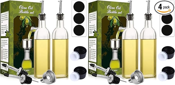 AOZITA 4 Pack 17 oz Glass Olive Oil & Vinegar Dispenser Bottle Set - 500ml Clear Cruet Bottle with Pourers, Funnel and Labels - Olive Oil Carafe Decanter for Kitchen by AOZITA