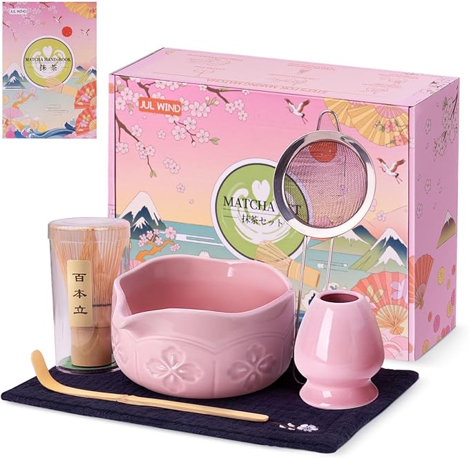 Matcha Whisk Set, Ceramic Matcha Set Includes Bowl with Spout, Whisk and Holder, Bamboo Scoop, Sifter and Tea Towel - 6 Pcs Matcha Kit Gift for Lovers Beginners (Pink) by JULWIND