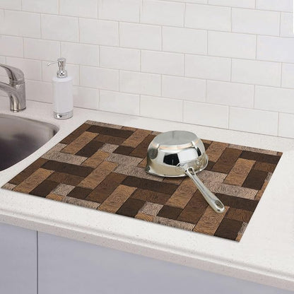 Brown Beige Dish Drying Mat Parquet Pattern Wooden Style Drying Rack Pad Countertop Dishes Ultra Absorbent Microfiber Kitchen Counter Mat 18x24 Inch