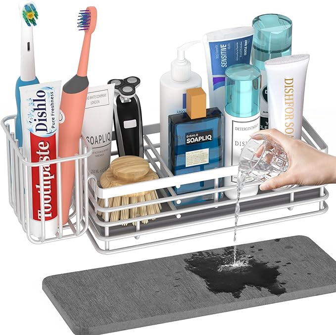 Yofidra Sponge Holder for Kitchen Sink Organizer Caddy: Sink Sponge with Instant Drying Stone, Metal Stainless Steel Basket Home Decor Storage and Organization Accessories 9.5" X 3.5" X 5.2" (White) by Yofidra
