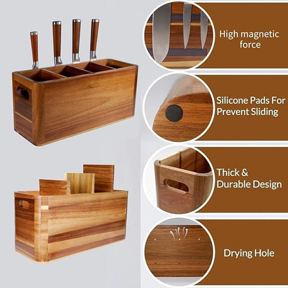 Wooden Kitchen Utensil Holder Organizer for Counter or Countertop, Large Wooden Utensil Holder 4 Compartment, Acacia Wood Container Extra Large.with Strong Magnets Multifunctional Storage Knife Holder - Image 4