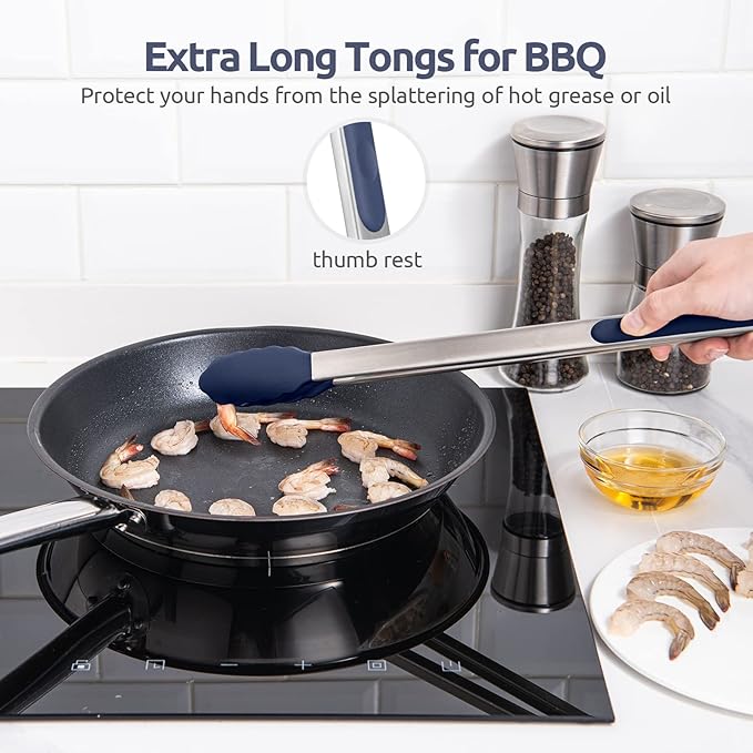 600ºF Heat Resistant Kitchen Tongs: U-Taste 16 in Extra Long Large Silicone Cooking Tong with Non Stick Rubber Tips & Non Slip Silicon Coated 18/8 Stainless Steel Handle for Grill BBQ (Midnight Blue) - Image 9