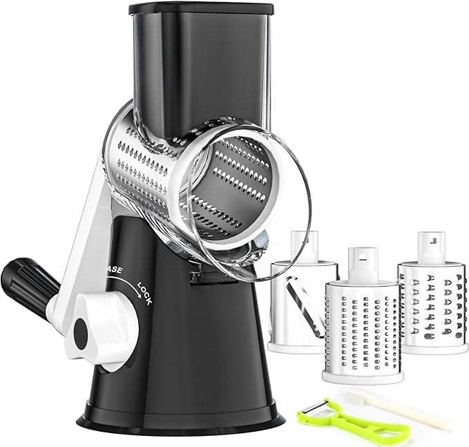 Ourokhome Rotary Cheese Grater Hand Crank, Kitchen Shredder Speed Mandolin Slicer Nuts Grinder with Handle and Drum Blades for Cheese, Vegetable, Walnut, Chocolate, Potato, Carrot, 3 Blades, Black by Ourokhome