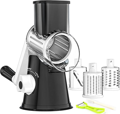 Ourokhome Rotary Cheese Grater Hand Crank, Kitchen Shredder Speed Mandolin Slicer Nuts Grinder with Handle and Drum Blades for Cheese, Vegetable, Walnut, Chocolate, Potato, Carrot, 3 Blades, Black by Ourokhome