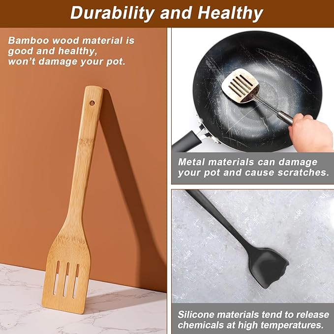 Eisinly Wooden Spoons for Cooking 7-Piece, Kitchen Nonstick Bamboo Cooking Utensils Set, Durability Wooden Spatula Spoon for Everyday Use, Smooth Edge - Image 6