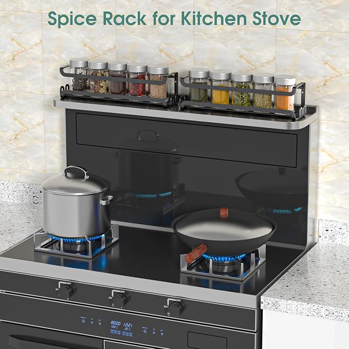 LUCYCAZ 2 Pack Wall Mounted Spice Rack with 8 Hooks, Spice Organizer Shelf for Stove Cabinet Pantry Door,Screw or Adhesive Spice Shelf Hanging Wall Spice Rack in Kitchen and RV (Black, 2 PACK) - Image 9
