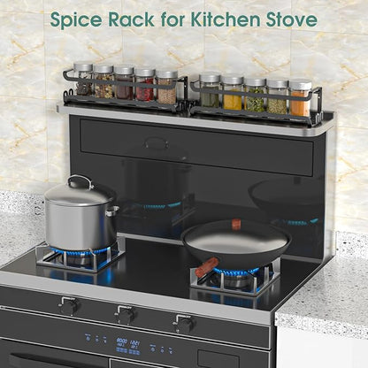 LUCYCAZ 2 Pack Wall Mounted Spice Rack with 8 Hooks, Spice Organizer Shelf for Stove Cabinet Pantry Door,Screw or Adhesive Spice Shelf Hanging Wall Spice Rack in Kitchen and RV (Black, 2 PACK) - Image 9