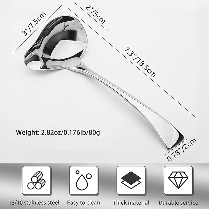 Comicfs Sauce Ladle, 18/10 Stainless Steel Gravy Ladle with Pouring Spout, Sauce Drizzle Spoon, Soup Ladles, Small Serving Gravy Ladles Serving Utensil, Dishwasher Safe, 7.3-Inch