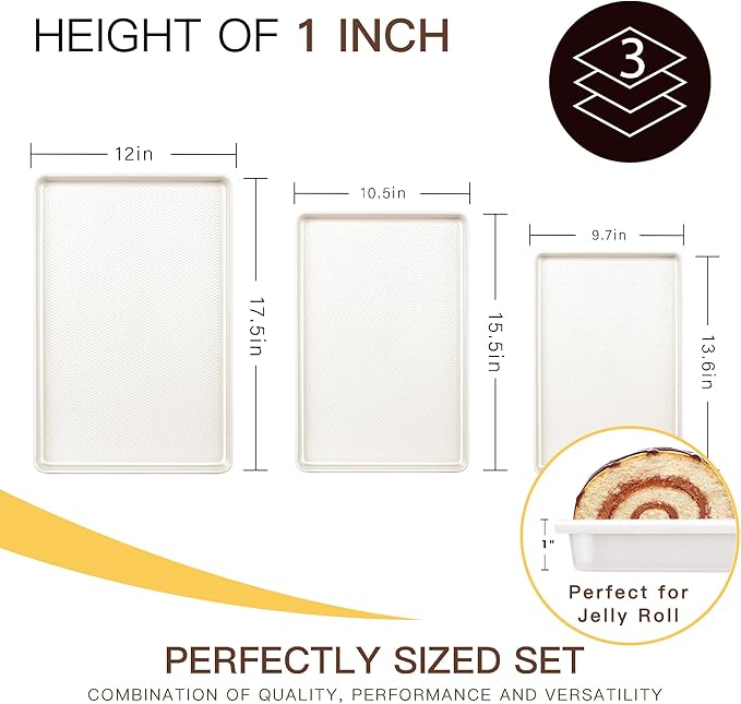 HONGBAKE 3 Pack Nonstick Ceramic Baking Sheet Pan Set for Oven, Non-Toxic Half/Quarter/Jelly Roll Pans with Diamond Texture, 0.8mm Aluminized Steel Cookie Trays for Cooking, Cream - Image 5
