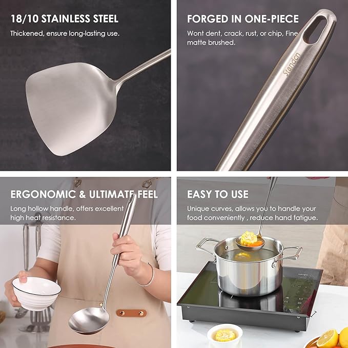 18/10 Stainless Steel Kitchen Utensils Set, 6 PCS All Metal Professional Cooking Utensils, 15" Long Kitchen Tools - Spatula, Ladle, Skimmer Spoon, Pasta Serve, Large Spoon, Slotted Spatula Tunner - Image 3