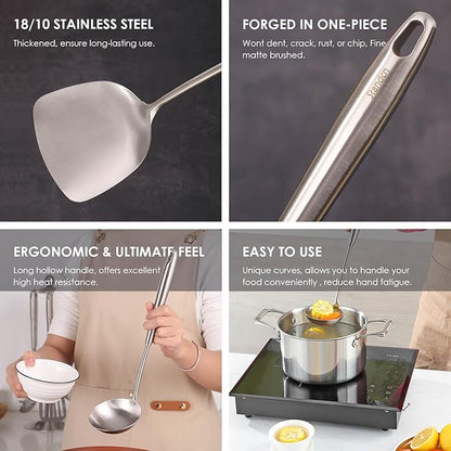 18/10 Stainless Steel Kitchen Utensils Set, 6 PCS All Metal Professional Cooking Utensils, 15" Long Kitchen Tools - Spatula, Ladle, Skimmer Spoon, Pasta Serve, Large Spoon, Slotted Spatula Tunner - Image 3