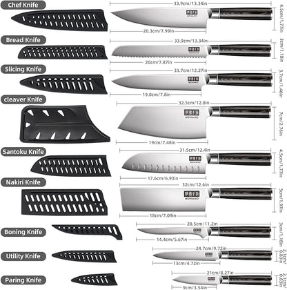 MDHAND Chef Knife Set with Roll Bag, 10PCS Professional Knife Set with Sharpener, High Carbon Stainless Steel Japanese Kitchen Knives - Black Pakkawood Handle, Dishwasher Safe, For Cooking, Chef Gifts