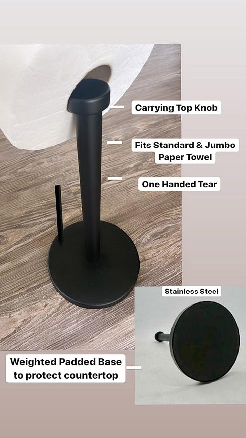 Black Paper Towel Holder Countertop Stainless Steel Paper Towel Stand with Weighted Non-Slip Base One-Handed Tear, Rust-Resistant Kitchen Roll Holder, Standard, Jumbo & Large Rolls - Image 7