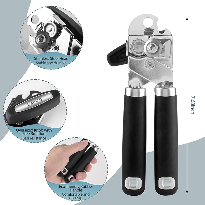 Safring Can Opener Manual, Heavy Duty Handheld Strong Can Opener with Soft Touch Handle, Sharp Blade Smooth Edge, Can Openers with Multifunctional Bottle Opener, Black - Image 2
