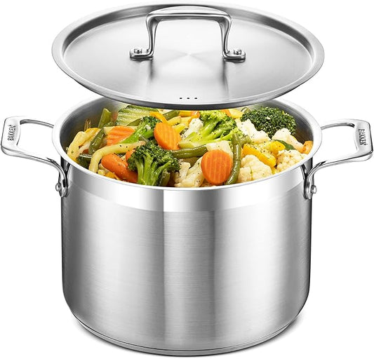 Stainless Steel Stockpot with Lid 8 Quart, Durable 18/8 Stainless Steel, Impact-Bonded Base for Even Heating, Riveted Handles, Oven & All Stove Compatible, Safe Up To 500°F (260°C) by Unknown