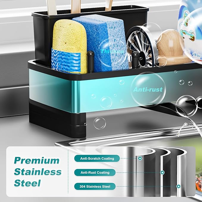 Ewaiira Stainless Steel Sink Caddy, Sponge Holder for Kitchen Sink with Brush Holder and Towel Rack, Sink Organizer for Countertop, Soap Dispenser Kitchen Organizers Storage Essentials, Black 9.8″ - Image 4