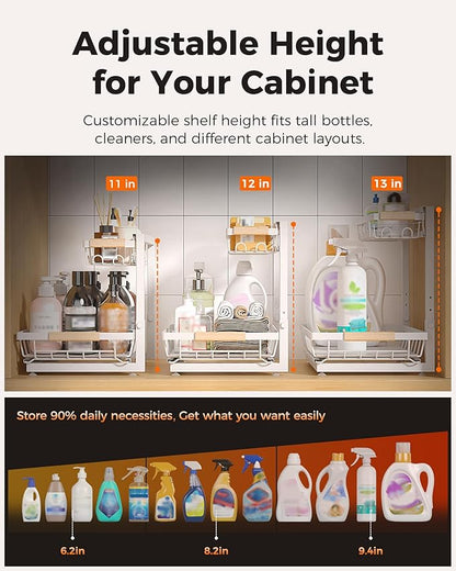 Sevenblue 3 Pack Under Sink Organizer, Multi-Purpose 2 Tier Pull-Out Metal Under Kitchen Sink Organizer, Height Adjustable Storage Shelves for Kitchen Bathroom Cabinet (White)