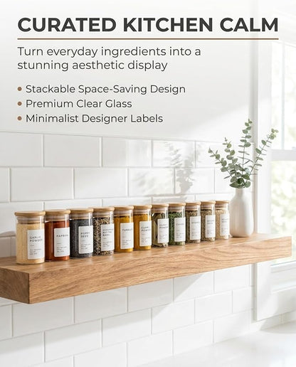 Bloomondo Empty Spice Jars with Label Pack (12x Bamboo Lid Glass Jar). Small 6oz Spice Storage Bottles with 112 Printed Stickers and 48 Writable Pantry Labels for Seasoning Containers - Image 8
