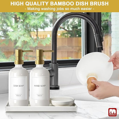 GMISUN Kitchen Soap Dispenser, 16 Oz Kitchen Dish Soap Dispenser Set with Ceramic Tray & Bamboo Brush, 2Pcs Farmhouse Dish Soap Dispenser for Kitchen, Modern White Glass Liquid Hand Soap Dispenser - Image 7