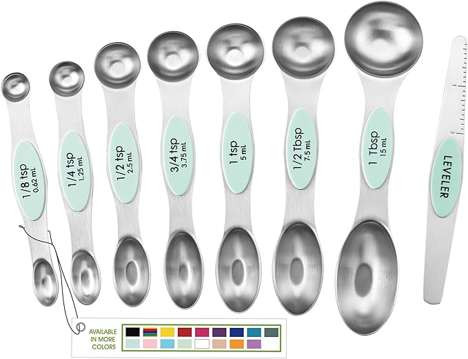 Spring Chef Stainless Steel Magnetic Measuring Spoons Set of 8 with Leveler, Nesting Metal Teaspoon & Tablespoon Measuring Spoons, Kitchen Gadgets for Baking & Cooking, Fits in Spice Jars - Mint by SpringChef
