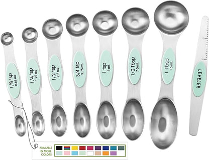 Spring Chef Stainless Steel Magnetic Measuring Spoons Set of 8 with Leveler, Nesting Metal Teaspoon & Tablespoon Measuring Spoons, Kitchen Gadgets for Baking & Cooking, Fits in Spice Jars - Mint by SpringChef