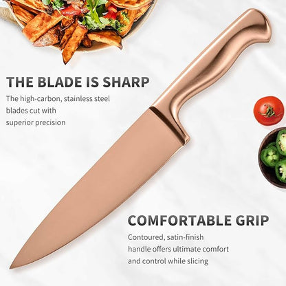15-Piece Rose Gold Knife Block Set with Sharpener, Chef Professional Knife Set, Stainless Knife Set With Scissors, Steak Knives