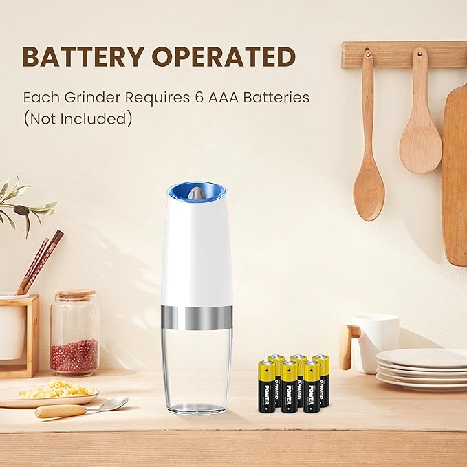 Gravity Electric Salt And Pepper Grinder Set, Automatic Salt And Pepper Grinder Set, Battery Powered (6 AAA Batteries Each), Adjustable Roughness, LED Light, 2 Pack, (Black+White) - Image 2