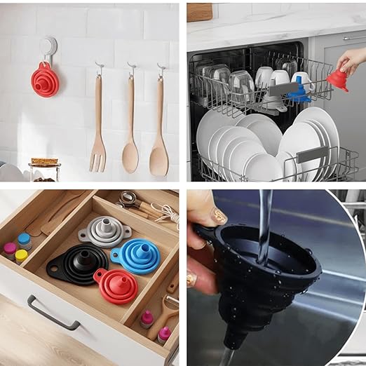 Kitchen Funnel Set of 4 – Collapsible Silicone Funnels for Filling Bottles, Spice Jars, and Mason Jars – BPA-Free, Food Grade, Dishwasher Safe, Foldable for Easy Storage
