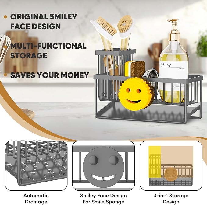Sponge Holder for Kitchen Sink,Smiley Face Sink Caddy with Removable Brush Holder,Self-Draining Sponge Caddy for Soap,Dish Brush,Scrubber,Kitchen Essentials and Gadgets-Charcoal Gray - Image 3