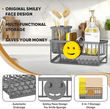 Sponge Holder for Kitchen Sink,Smiley Face Sink Caddy with Removable Brush Holder,Self-Draining Sponge Caddy for Soap,Dish Brush,Scrubber,Kitchen Essentials and Gadgets-Charcoal Gray - Image 3