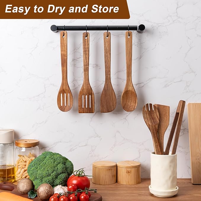 Eisinly Wooden Spoons for Cooking 7-Piece, Kitchen Nonstick Wood Cooking Utensils Set, Durability Wooden Spatula Spoon for Everyday Use, Brown - Image 5