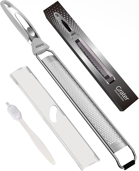 Ourokhome Kitchen Lemon Zester, Stainless Steel Hand Held Parmesan Cheese Grater for Ginger, Chocolate, Coconut, Lime, Nutmeg, Citrus, Fruit, Vegetable with Cleaning Brush, Dishwasher safe, Gray by Ourokhome