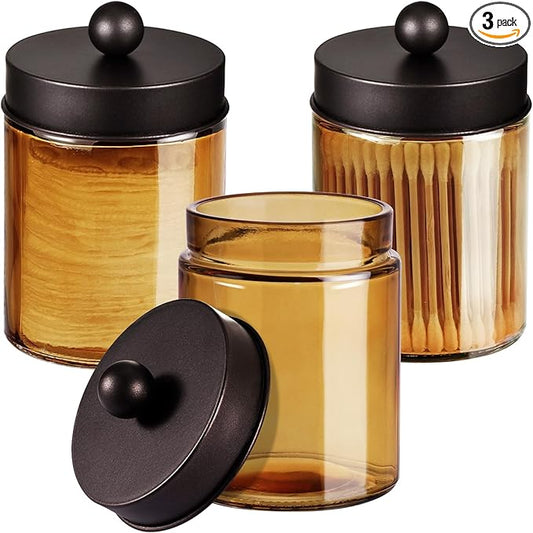 3 Pack Apothecary Jar Canisters Bathroom Vanity Organizer - Qtip Holder Storage Organizer Set Countertop Canister with Stainless Steel Lids &Cute Stickers for Qtips,Cotton Swabs,Makeup Sponges,Floss