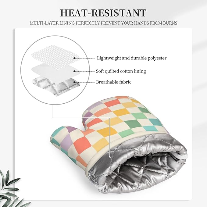Vintage Checkered Silicone Oven Mitts Pan Mats Set of 2, Heat Resistant Gloves Potholder with Non-Slip Grips Hanging Loops Pot Holder, Spring Summer for Chef Cooking, Baking, Grilling, BBQ