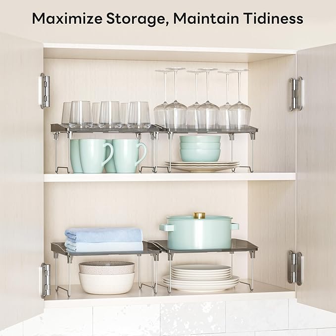 STARLATTA 2 Pcs Cabinet Organizer Shelf，Stackable Kitchen Counter Shelves, Spice Rack,Countertop Organizers，Black Plastic Storage Shelves Rack for Makeup，Bathroom, Cupboard，Desk，Pantry Organization - Image 4
