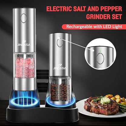 [Upgraded Larger Capacity] Electric Salt and Pepper Grinder Set with USB Charging Base, 95ml Large Capacity, Adjustable Coarseness,Stainless Steel Automatic Pepper Mill (Upgraded Capacity-A)