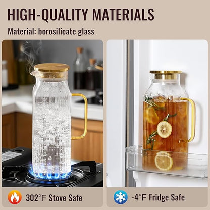 2 Liter/68 oz Square Glass Pitcher with Lid, Classic Stripes Water Pitchers with Handle for Fridge, Large Jug for Iced Tea, Coffee, Borosilicate Glass Carafe for Hot/Cold Brew Drink, Gold - Image 4