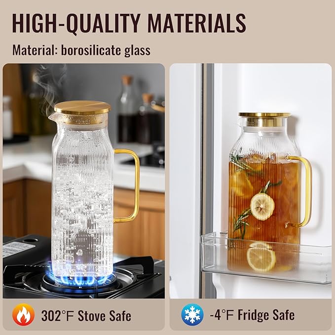 2 Pack 2 Liter/68 oz Square Glass Pitcher with Lid, Classic Stripes Water Pitchers with Handle for Fridge, Large Jug for Iced Tea, Coffee, Borosilicate Glass Carafe for Hot/Cold Brew Drink, Gold - Image 4