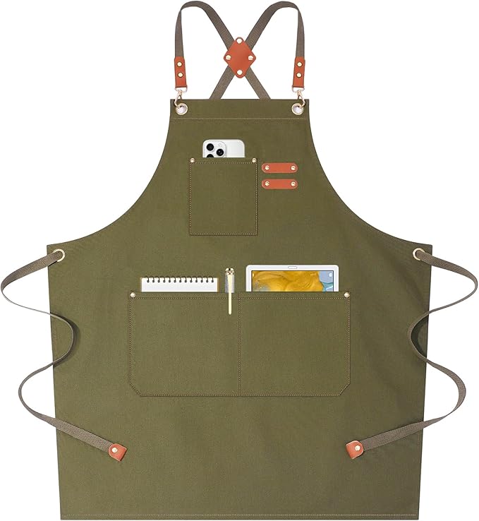 AFUN Chef Aprons for Women Men with Oversized Pockets, 12-Ounce Cotton Canvas Cross Back Water Repellent Apron (Grey Green) by BringYouaFun