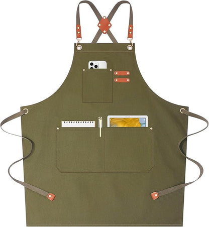 AFUN Chef Aprons for Women Men with Oversized Pockets, 12-Ounce Cotton Canvas Cross Back Water Repellent Apron (Grey Green) by BringYouaFun