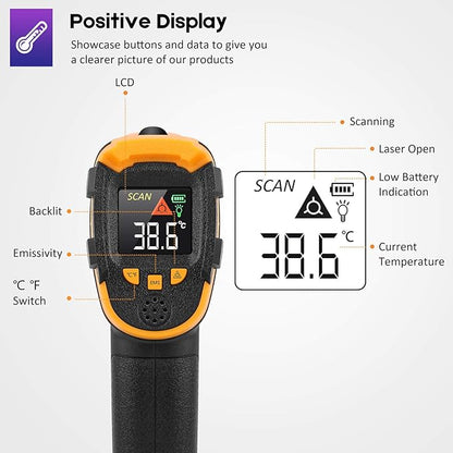 Infrared Thermometer Non-Contact Digital Laser Temperature Gun -58℉～1112℉(-50℃～600℃) Adjustable Emissivity IR Temp Gun - for Cooking, BBQ, Food, Fridge, Pizza Oven, Engine - Meat Thermometer Included