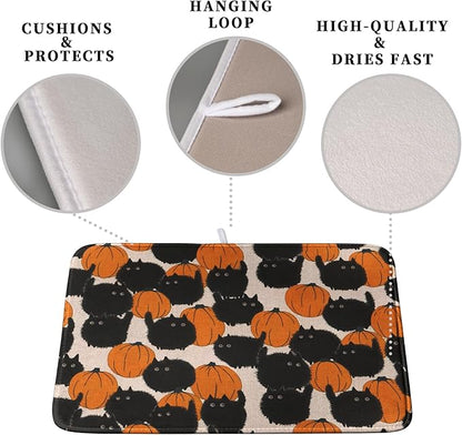 Happy Halloween Dish Drying Mat for Kitchen Counter 18x24 Inch Cute Pumpkin Black Cat Trick or Treat Drying Mats Large Microfiber Absorbent Dish Rack Pad for Coffee Bar Sinks Home Accessories - Image 3