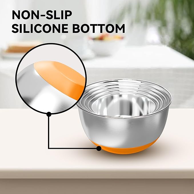 KITEISCAT Stainless Steel Mixing Bowls with Lids – Set of 5 Large Nesting Metal Bowls for Kitchen, Baking, Cooking, Food Prep & Storage, Non-Slip Base, Dishwasher Safe,Orange - Image 6